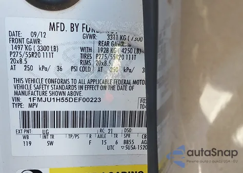 2013 Ford Expedition King Ranch z USA, uszkodzony, nr VIN 1FMJU1H55DEF00223